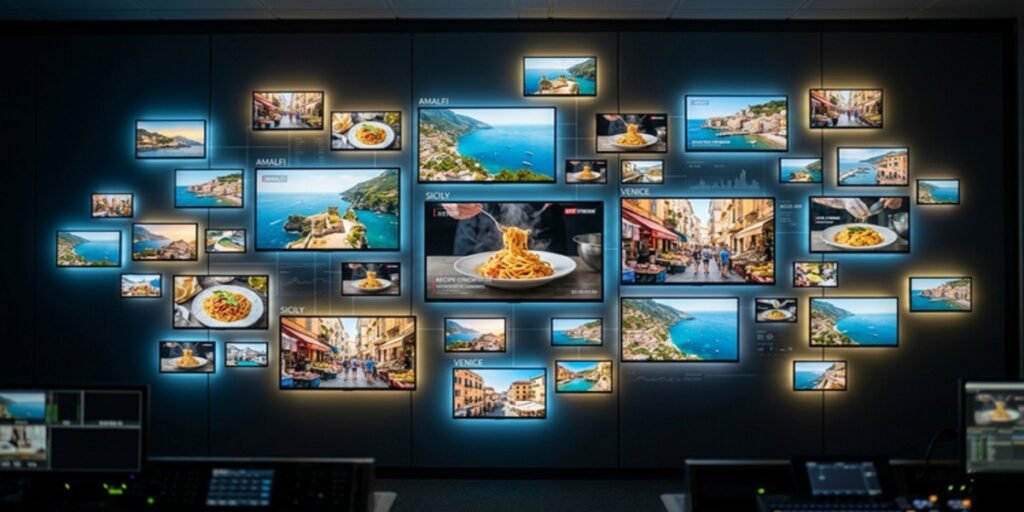 A digital gallery wall displaying various television stills from 'Gordon, Gino and Fred' and 'Gino's Italian Escape' on tablet and TV screens.