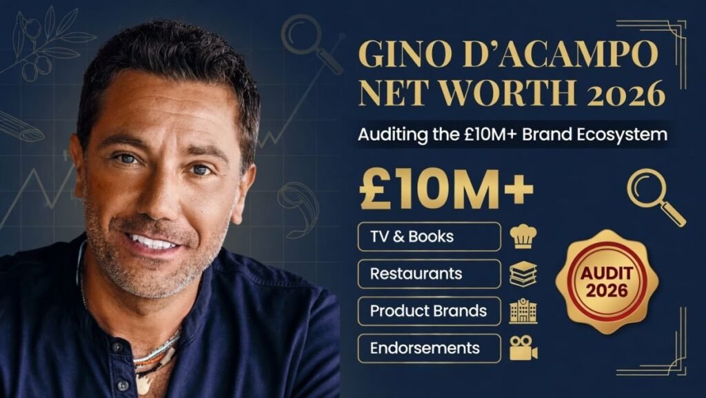 Gino D'Acampo Net Worth 2026 forensic wealth audit graphic showing brand ecosystem pillars including TV, books, restaurants, and product brands by Elites Mindset Intelligence Unit.