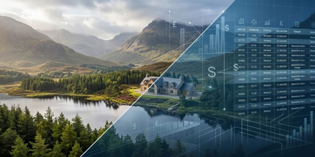 A luxury sporting lodge in the Scottish Highlands representing feudal title assetization, eco-tourism, and ESG carbon-credit portfolio diversification.