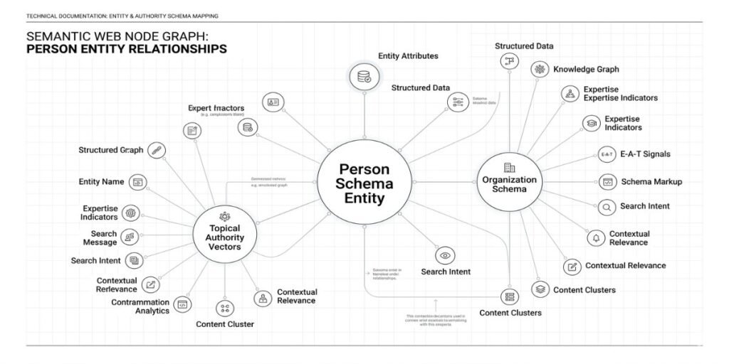 Graph diagram illustrating a centralized Google Person Schema node connecting to Organization Schema, sameAs social profiles, knowsAbout topical vectors, and Knowledge Graph endpoints.