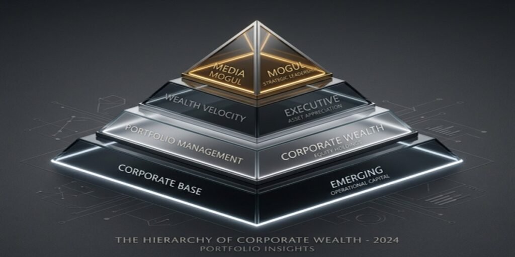 A four-tier financial hierarchy chart mapping UK broadcaster wealth from salaried pundits up to billion-pound media conglomerates like Lord Alan Sugar and Simon Cowell.