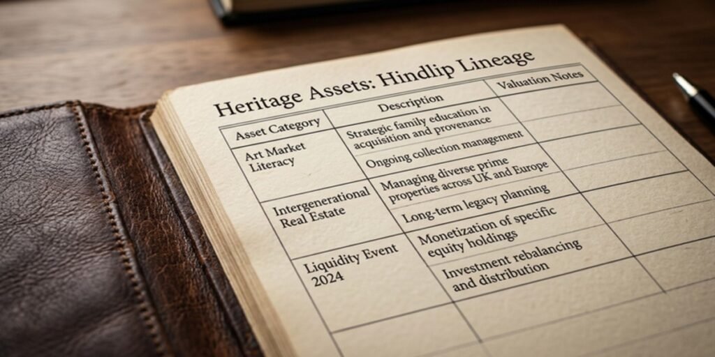 A professional asset ledger showing the breakdown of the Hindlip estate, including art market literacy and property interests.