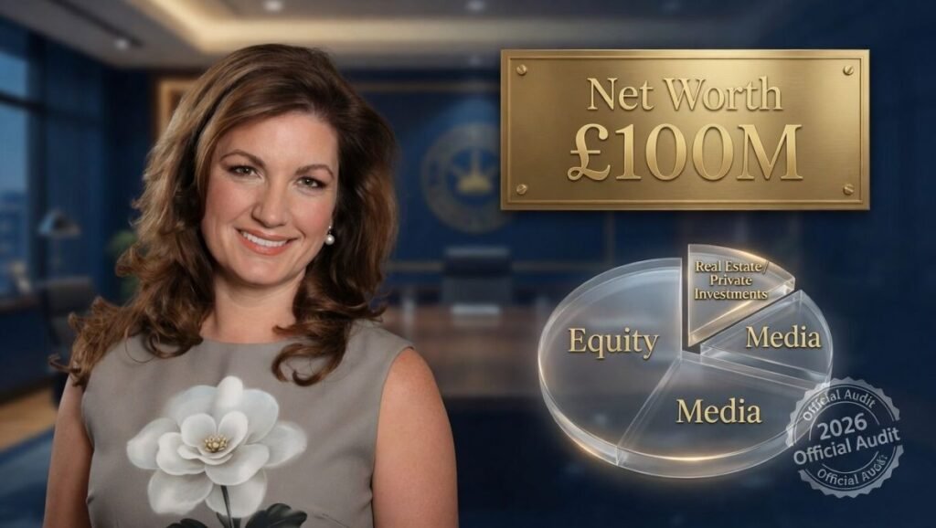 Infographic of Baroness Karren Brady beside a 3D glass pie chart showing a 2026 wealth audit. A gold plaque displays a £100M net worth. Pie chart segments are labeled: Equity, Media, and Real Estate / Private Investments.