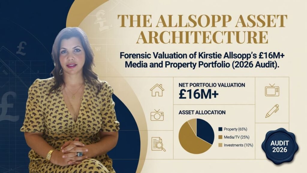 Forensic wealth audit of Kirstie Allsopp 2026 showing a £16M plus net worth valuation with asset allocation pie chart of property, media, and investments.