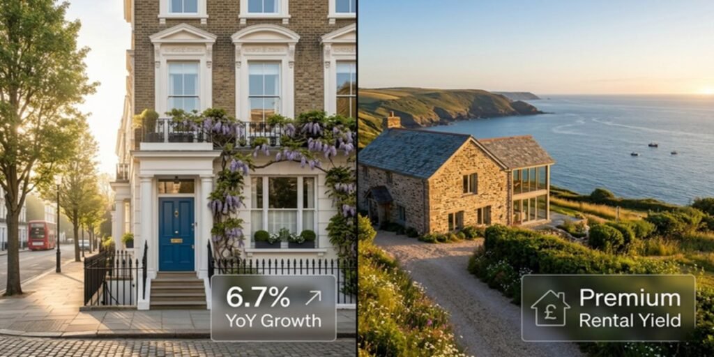 A high-end split-screen visual showing a luxury Notting Hill townhouse alongside a restored Devon coastal estate, with overlayed financial metrics.