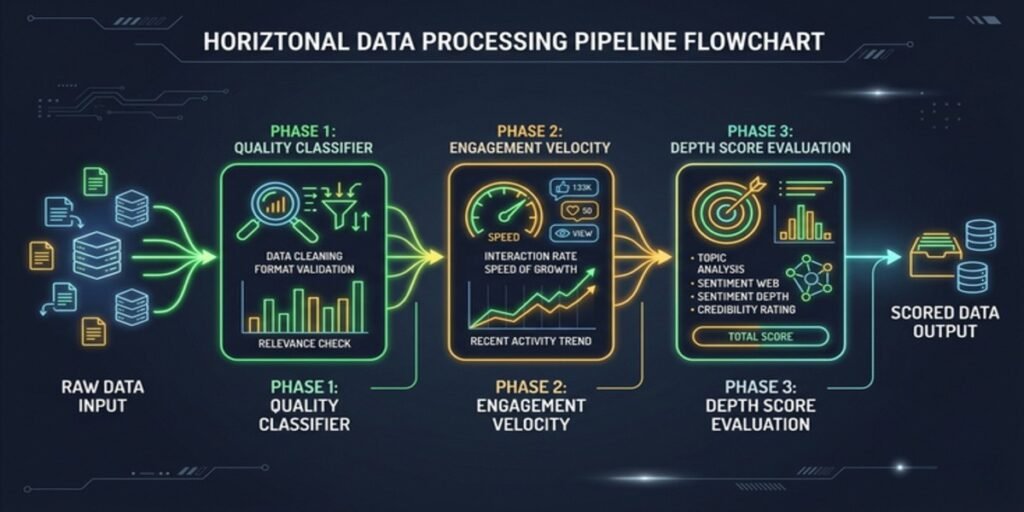 Sequential flowchart detailing the 2026 LinkedIn algorithm's 3-phase evaluation: Quality Classifier, 30-Min Engagement, and the 48-Hour Depth Score expansion phase.