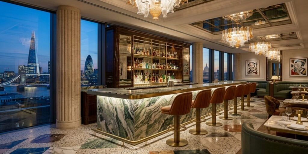 The interior of Luciano by Gino D'Acampo at ME London, showing a luxury dining room with modern Italian design and premium finishes.