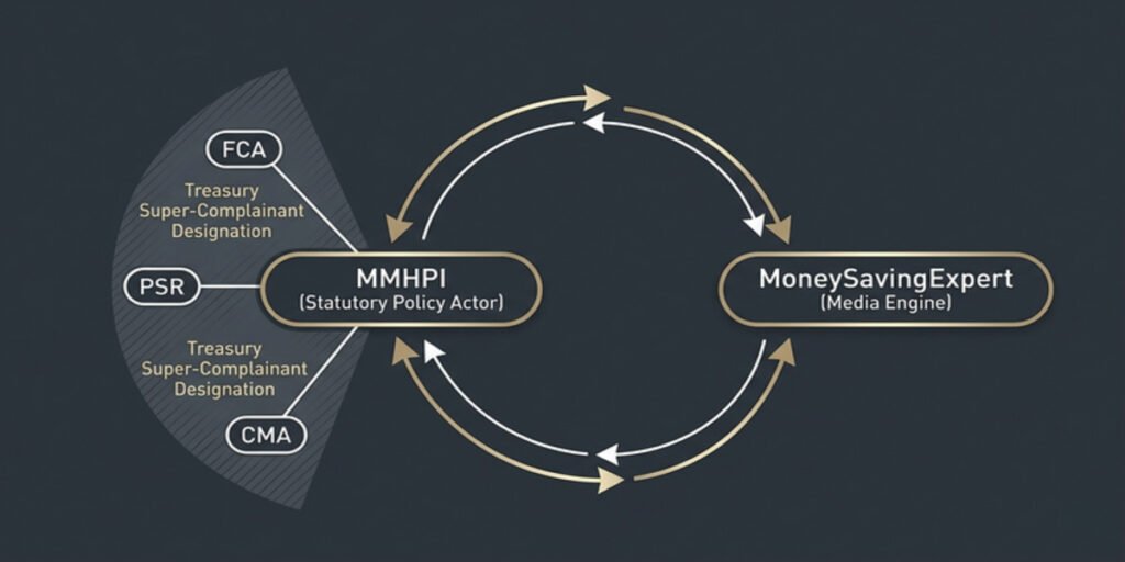 A symbiotic operational framework diagram showing how the Money and Mental Health Policy Institute interacts with the FCA, PSR, and CMA to feed proprietary consumer insights back into the MoneySavingExpert media ecosystem.
