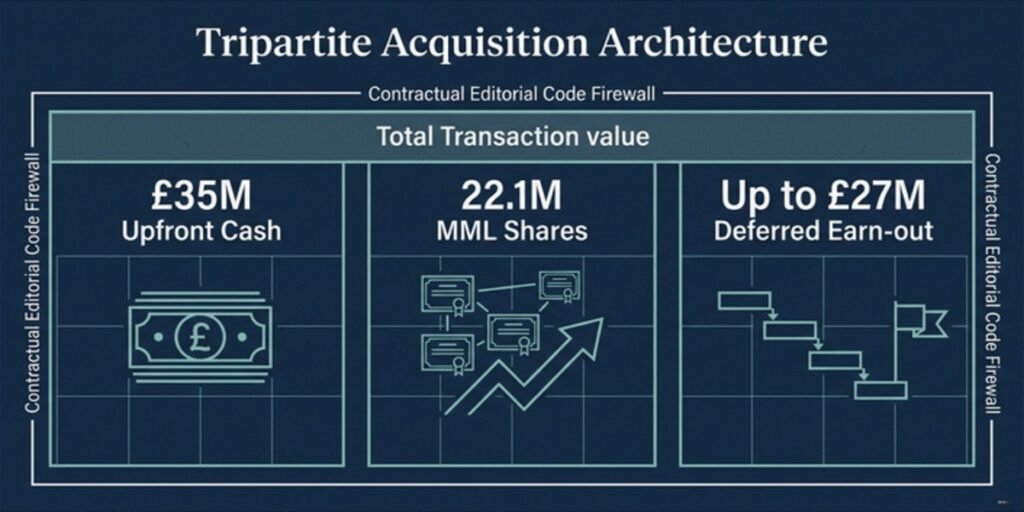 A corporate financial asset breakdown chart displaying the three components of the 2012 Moneysupermarket acquisition of MoneySavingExpert: thirty-five million pounds cash, twenty-two point one million MML shares, and twenty-seven million pounds deferred consideration.