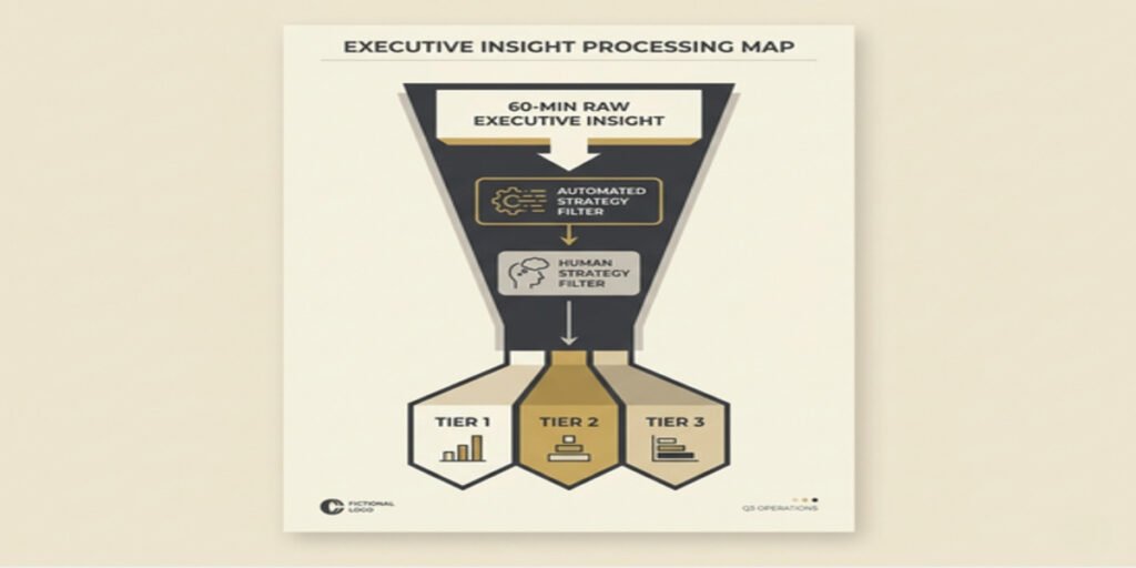 Operations diagram showing a single 60-minute founder recording filtering down through a content operations engine into Owned Authority, High-Signal Social, and Earned Authority assets.
