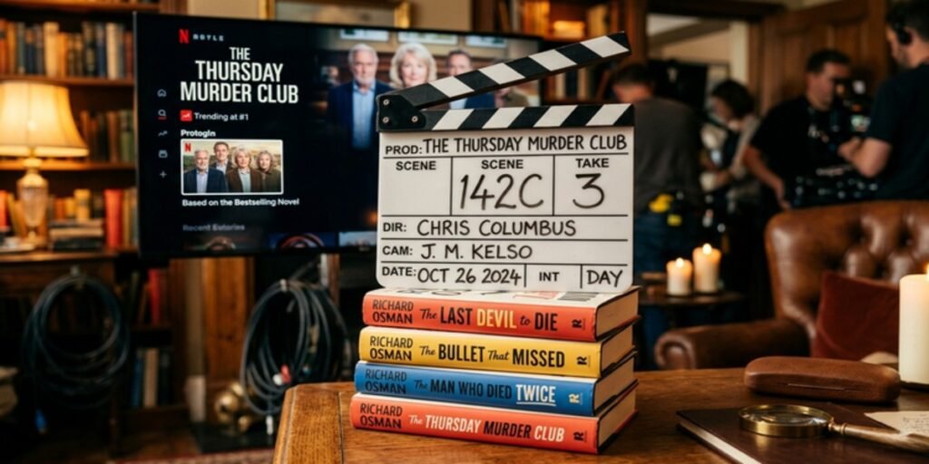A film clapperboard on a stack of books, representing the Netflix and Amblin Partners adaptation of The Thursday Murder Club.
