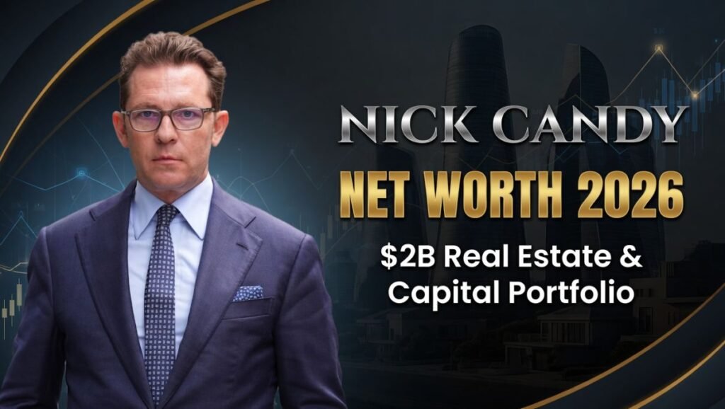 Editorial portrait of billionaire property developer Nick Candy with text overlay displaying Net Worth 2026 $2B Real Estate and Capital Portfolio against a dark financial chart background.