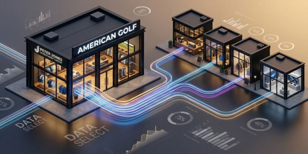 Architectural rendering of a premium, modern American Golf flagship store following its 2026 acquisition by the Peter Jones Investment Group.
