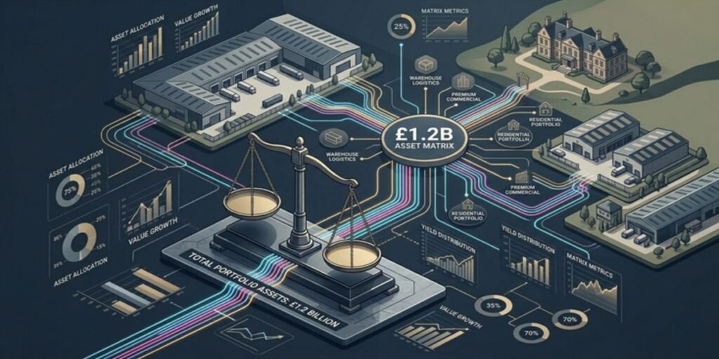 Editorial illustration of British commercial logistics centers and real estate assets providing balance sheet insulation for private equity portfolios.