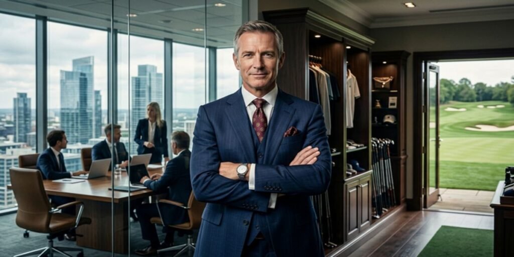 Editorial style graphic of Peter Jones representing PJ Investment Group, highlighting his 1.2 billion pound net worth and the 2026 American Golf retail acquisition.