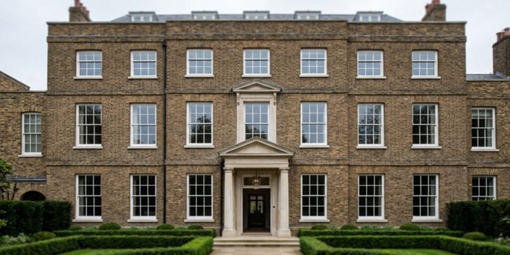 Exterior architectural photograph of Providence House, a historic Grade II-listed Georgian mansion in Chelsea, London, featuring manicured grounds near the Royal Hospital Chelsea.