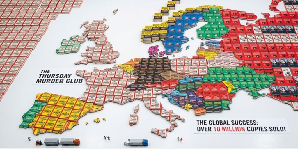 Map of Europe and the UK formed by copies of Richard Osman's books, symbolizing 17 million copies sold worldwide.