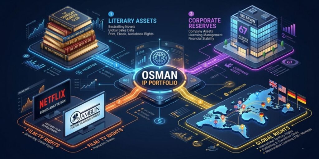 A 3D infographic showing the breakdown of Richard Osman’s £20 million IP portfolio, including book sales, film rights, and corporate cash.