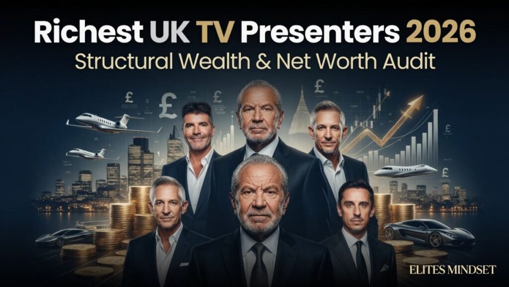 Digital artwork header for the 2026 UK TV presenters wealth audit featuring Lord Alan Sugar, Simon Cowell, Gary Lineker, and Gary Neville against a premium background of financial charts, gold coins, and luxury assets.