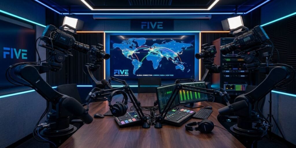 Interior of a professional digital media production studio representing Rio Ferdinand’s FIVE ecosystem and global syndication.