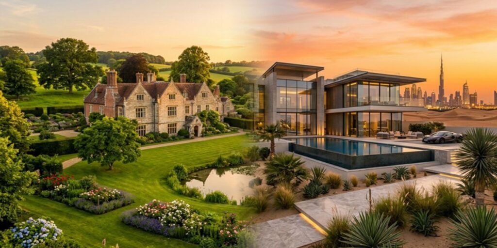 Luxury residential properties in Kent, UK and Al Barari, Dubai, representing Rio Ferdinand’s real estate rebalancing.