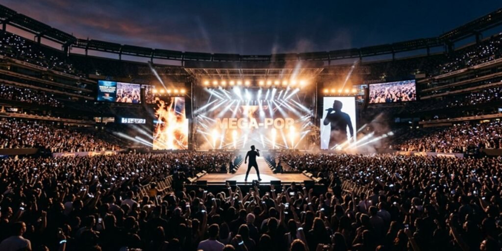 Wide-angle stadium concert view representing Robbie Williams' record-breaking touring ticket velocity.
