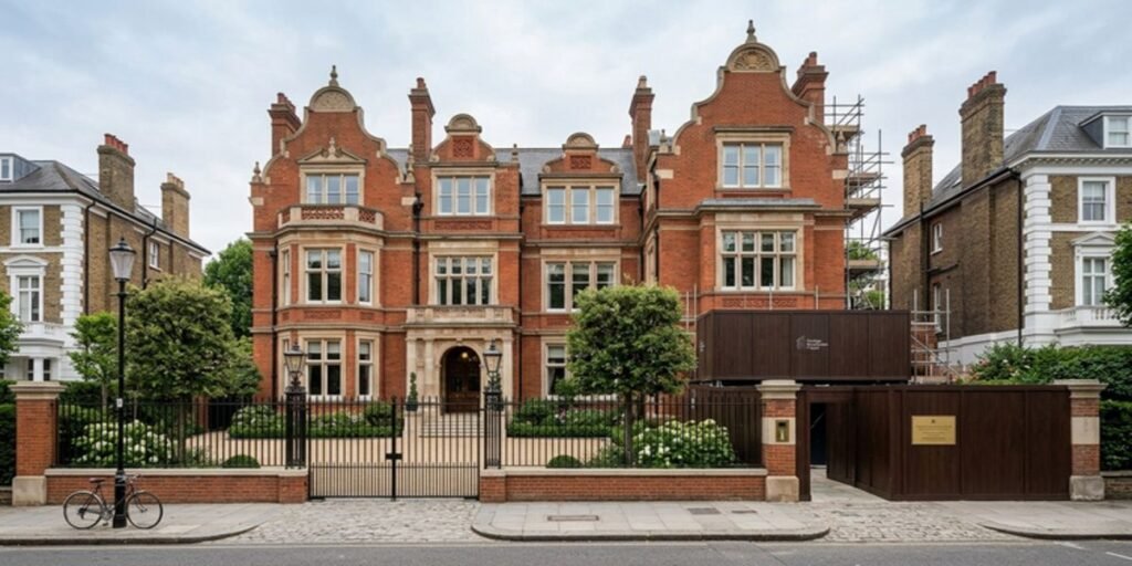 Exterior view of Robbie Williams' multi-million pound Victorian mansion asset in Holland Park, London.