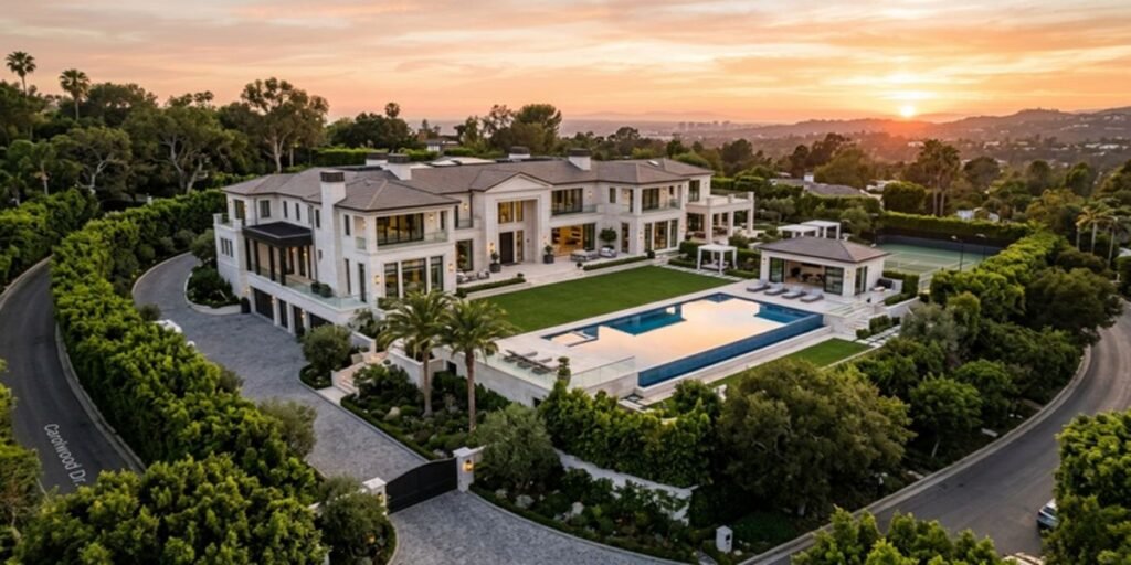 Aerial architectural photograph of the ultra-exclusive Faring Estate in Holmby Hills, acquired by Robbie Williams for 49.5 million dollars.