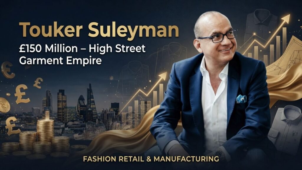 Editorial profile graphic of Touker Suleyman for Elites Mindset, highlighting his £150 million net worth, high street garment empire, and fashion retail manufacturing. Background shows the London skyline, gold coins, and rising financial growth charts.