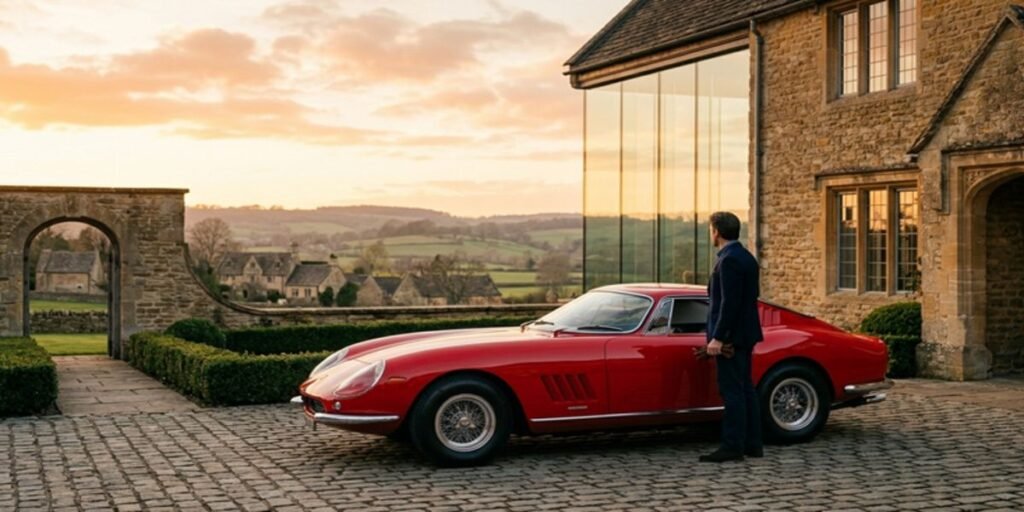 A classic 1965 Ferrari 275 GTB outside a historic British estate, illustrating Britain's youngest self-made millionaire history analysis of Tom Hartley Jnr.