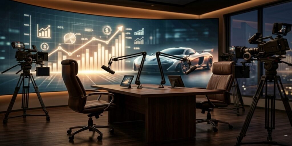 A high-end broadcast studio environment designed for a premium automotive finance podcast, featuring professional microphones, multi-camera setups, and subtle luxury car brand accents.