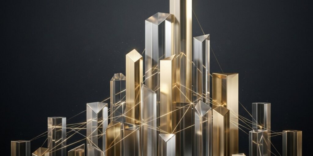 An abstract financial conceptual graphic featuring golden geometric pillars compounding in height over time alongside interlocking corporate puzzle pieces, representing wealth preservation structures.