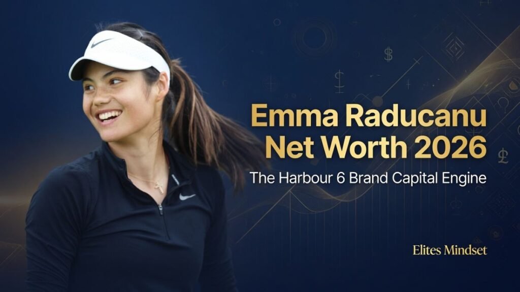Emma Raducanu smiling on a dark blue background with gold typography reading Emma Raducanu Net Worth 2026 The Harbour 6 Brand Capital Engine alongside abstract financial graphs.