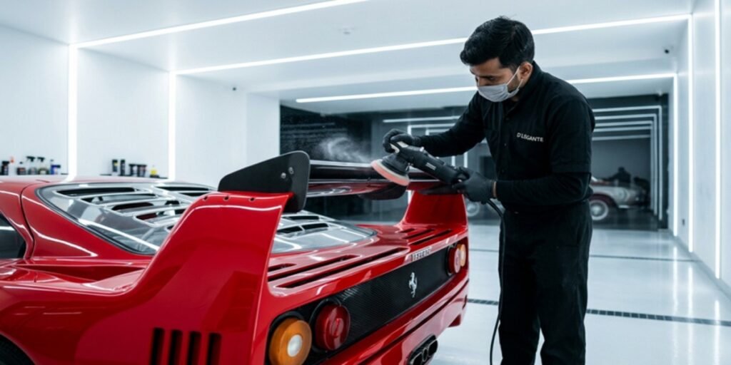 Close-up shot of a pristine Rosso Corsa Ferrari F40 undergoing precision paint correction inside a climate-controlled, state-of-the-art detailing facility.