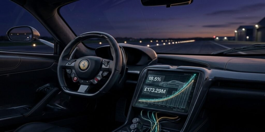 Close-up of a hypercar cockpit representing luxury car dealer profit margins and the high-velocity risk-bearing capital model of Tom Hartley Jnr.