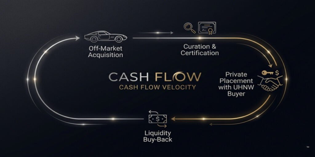 A high-end corporate transaction flowchart illustrating the luxury vehicle asset flipping cycle, demonstrating how an identical hypercar chassis rotates through buy-back and resale phases.