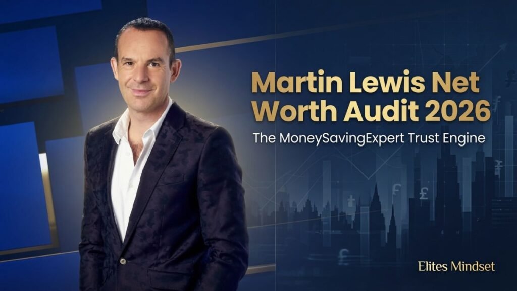 Martin Lewis in a dark patterned blazer against a blue corporate background featuring financial charts, London skyline silhouettes, and the text 'Martin Lewis Net Worth Audit 2026'.