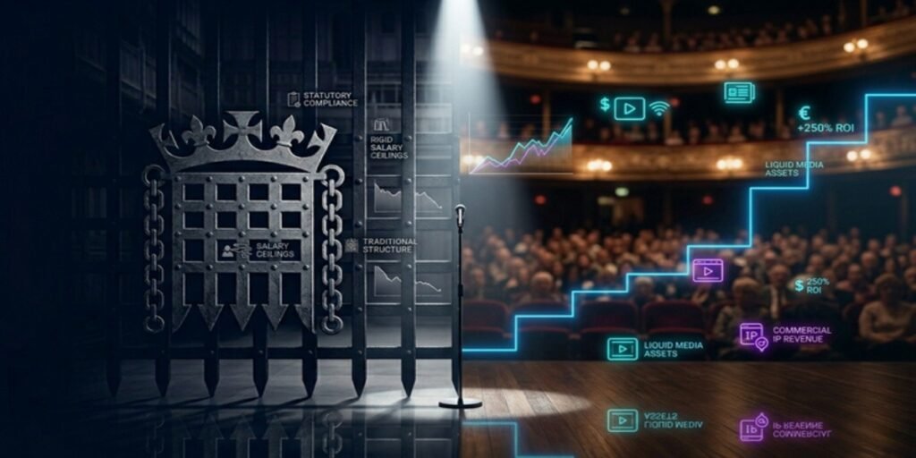 A dramatic, spotlight-lit theater stage view from the audience wings, featuring a blurred silhouette of a performer before a microphone, symbolizing live entertainment IP and solo stage show revenue.