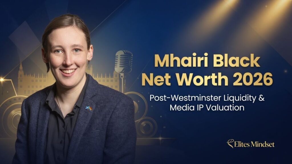 Mhairi Black featured editorial graphic overlay with a gold microphone, Westminster palace silhouette, and text highlighting post-Westminster liquidity and 2026 media IP valuation.