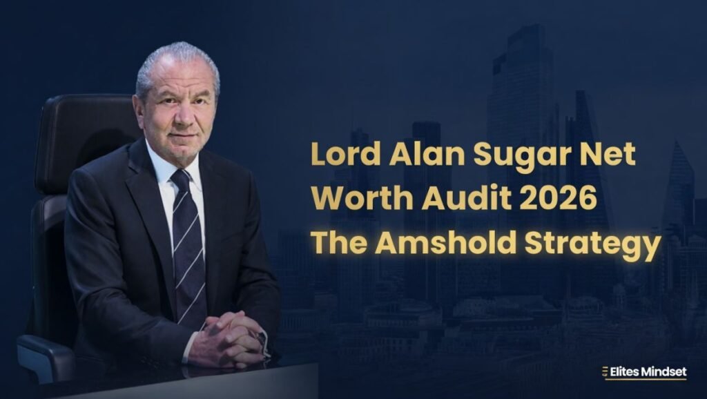 Portrait of Lord Alan Sugar in a suit next to gold text reading Lord Alan Sugar Net Worth Audit 2026 The Amshold Strategy over a dark blue London skyline backdrop.