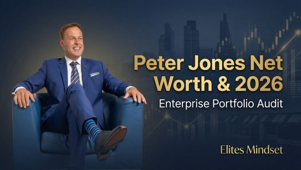 Peter Jones in a blue suit sitting in an armchair next to text reading Peter Jones Net Worth and 2026 Enterprise Portfolio Audit by Elites Mindset against a financial skyline background.