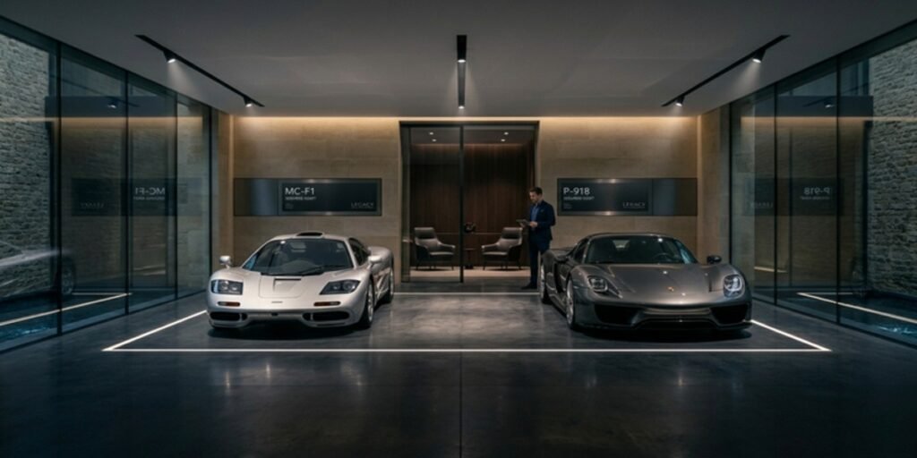 A private supercar dealer valuation setting featuring unlisted hypercars like the McLaren F1 in a secure off-market ecosystem.