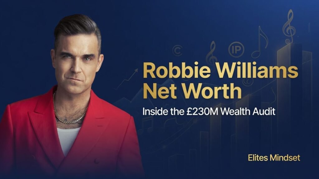 Robbie Williams portrait alongside text reading Robbie Williams Net Worth Inside the £230M Wealth Audit on a premium navy blue background with gold financial charts.