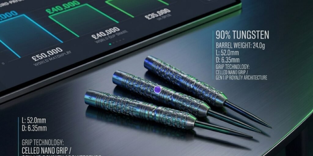 Close-up product layout of the Target Darts Josh Rock Gen 1 signature 24g tungsten barrels emphasizing commercial brand IP engineering.