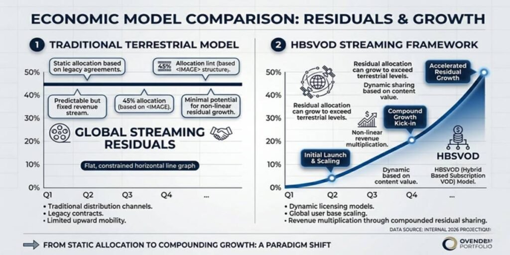 A comparative flow diagram contrasting traditional UK terrestrial TV fixed fees with SAG-AFTRA HBSVOD streaming residual calculations.