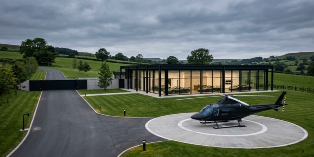 An aerial architectural view of the 40-acre Tom Hartley Cars luxury dealership estate in Derbyshire, featuring the private helipad, modern glass showroom, and high-security gated entry.