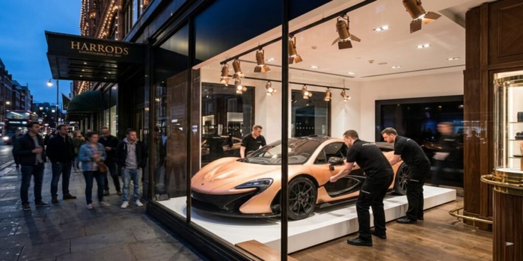 A metallic orange McLaren P1 hypercar being carefully maneuvered into the iconic street-front black-framed exhibition display windows of Harrods department store in Knightsbridge, London.