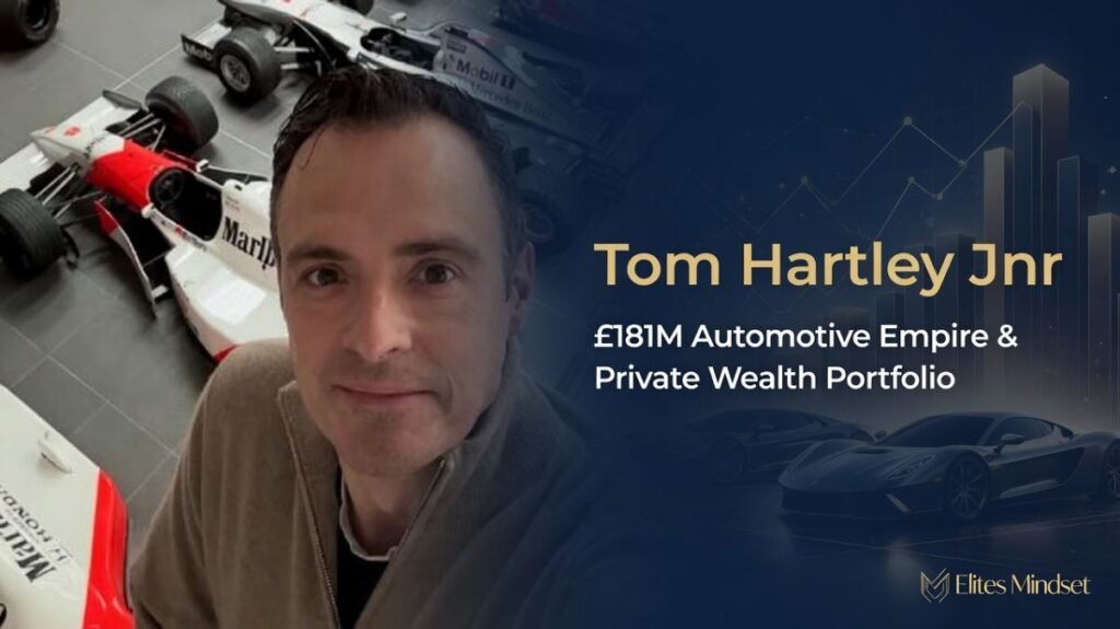 Tom Hartley Jnr posing in front of historic Formula 1 Grand Prix cars with an overlay detailing his £181M automotive empire financial portfolio.
