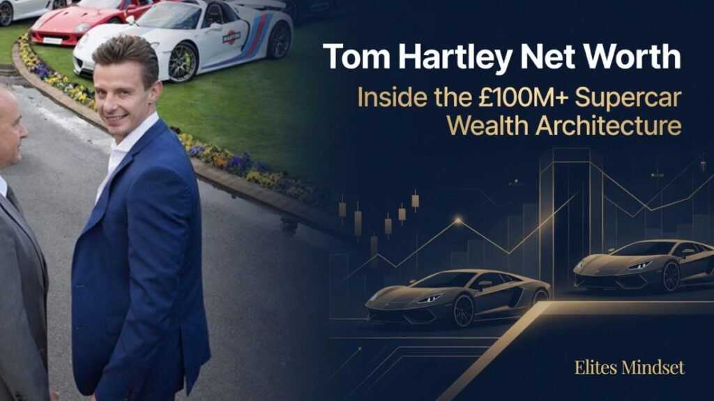 Tom Hartley Jnr standing on a luxury estate with supercars in the background, overlaid with financial market graphics and text reading Tom Hartley Net Worth Inside the £100M+ Supercar Wealth Architecture.