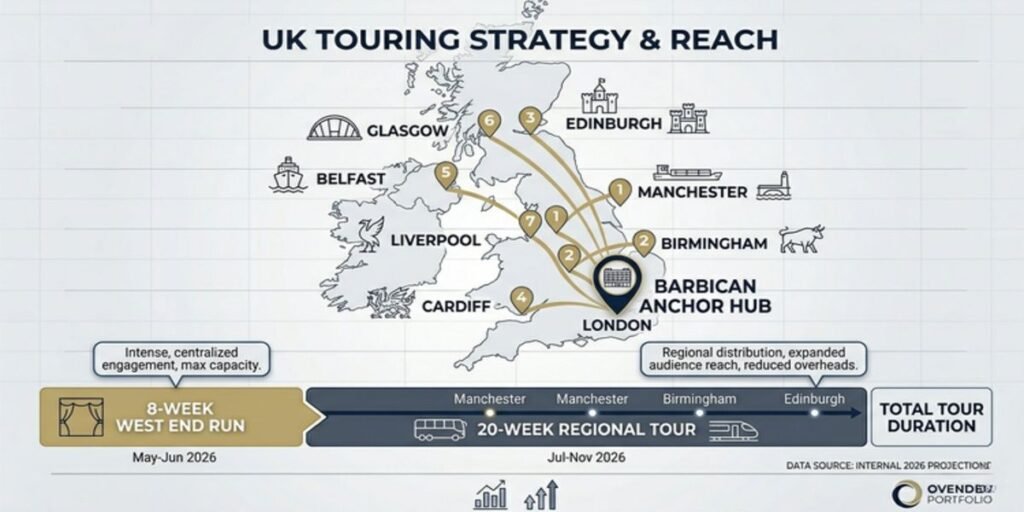 A geographic map and financial timeline showcasing the revenue expansion of a West End theatrical run moving into a 20-week UK regional tour.